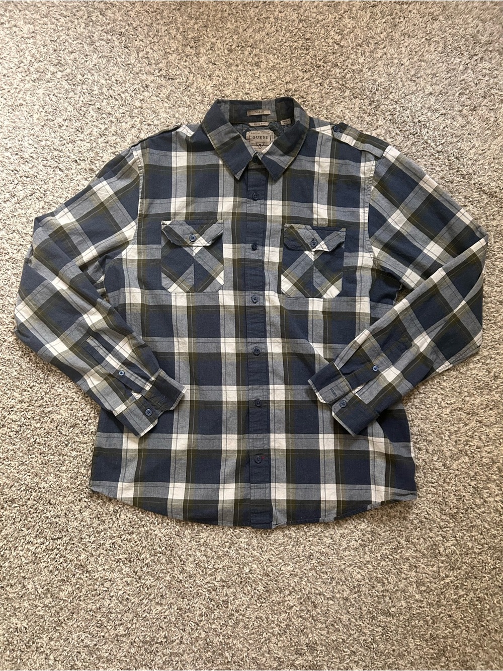 Y2K Preppy Cotton Guess Blue Checkered Slim Fit Button-Down Shirt Size XL